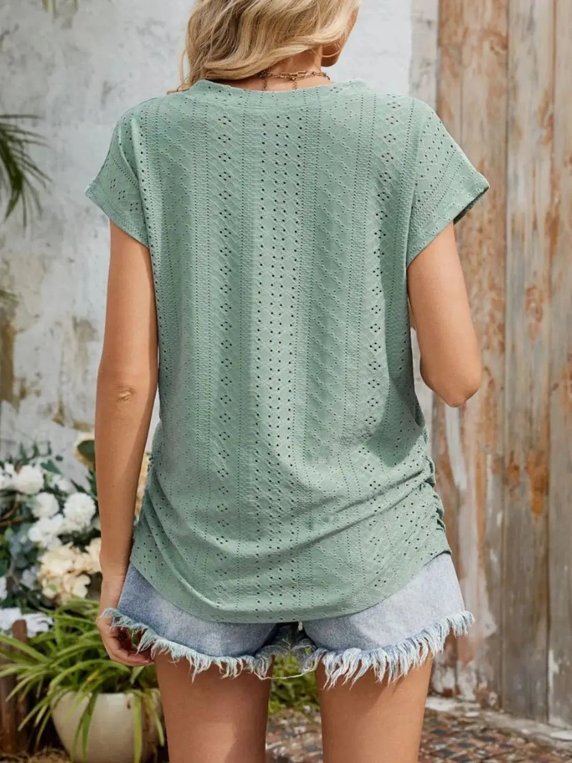 Eyelet V-Neck Short Sleeve Top - Clothes For Her Online Store