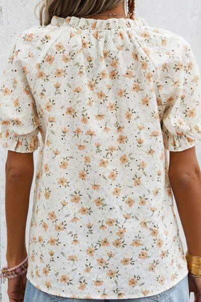 Frill Printed Notched Short Sleeve Blouse - Clothes For Her Online Store