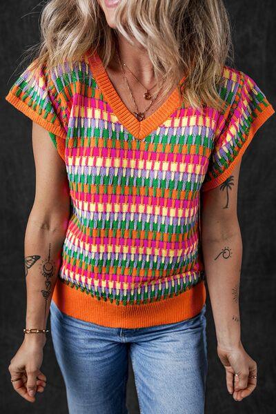 Contrast Striped V-Neck Knit Top - Clothes For Her Online Store