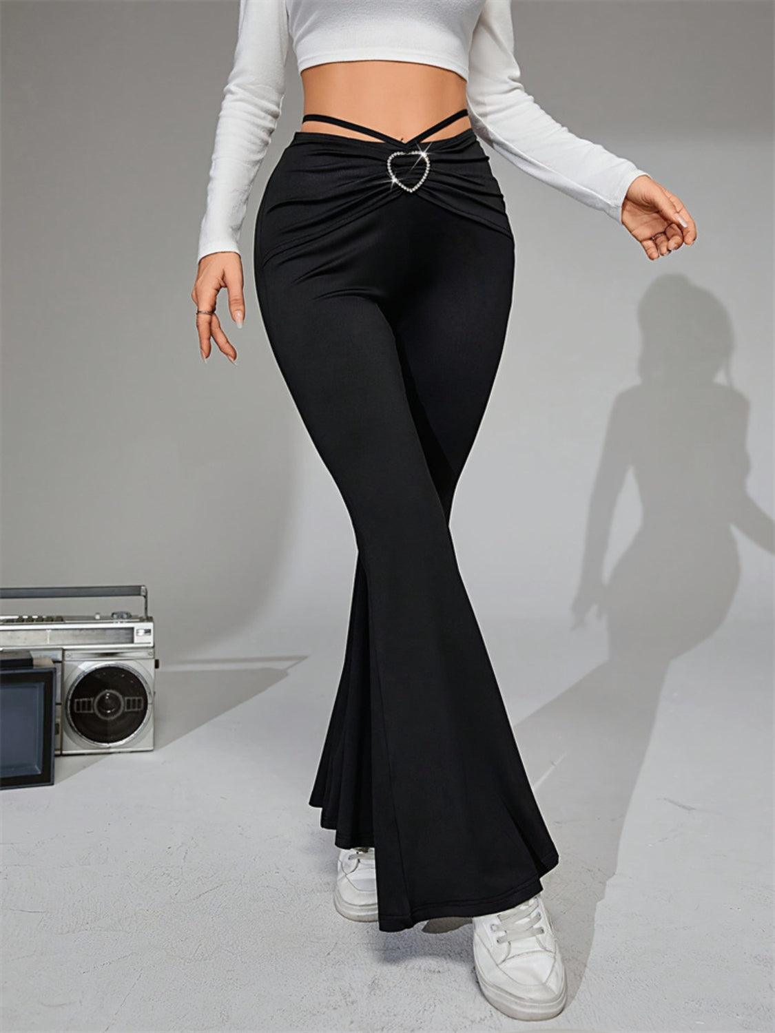 Tie-Back Flare Pants with Heart Buckle - Clothes For Her Online Store