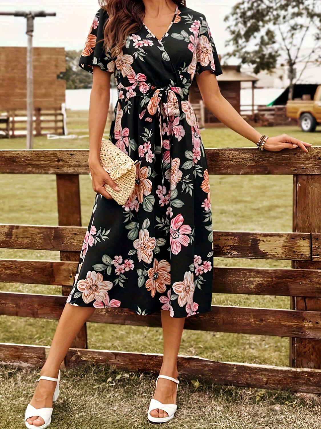 Tied Floral Surplice Short Sleeve Dress - Clothes For Her Online Store
