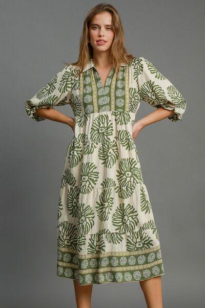 Umgee Full Size Border Print Tiered Midi Dress Plus Size - Clothes For Her Online Store