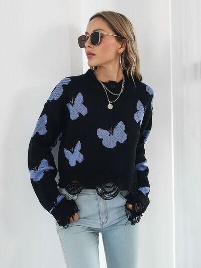 Distressed Butterfly Cropped Sweater - Clothes For Her Online Store