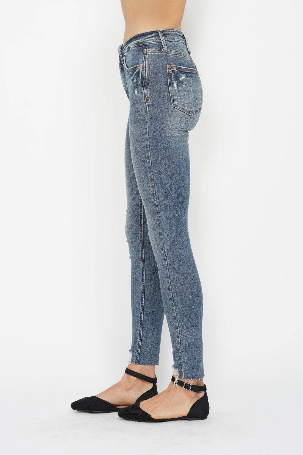 Judy Blue Full Size Tummy Control Vintage Wash Hem Destroy Skinny Jeans - Clothes For Her Online Store