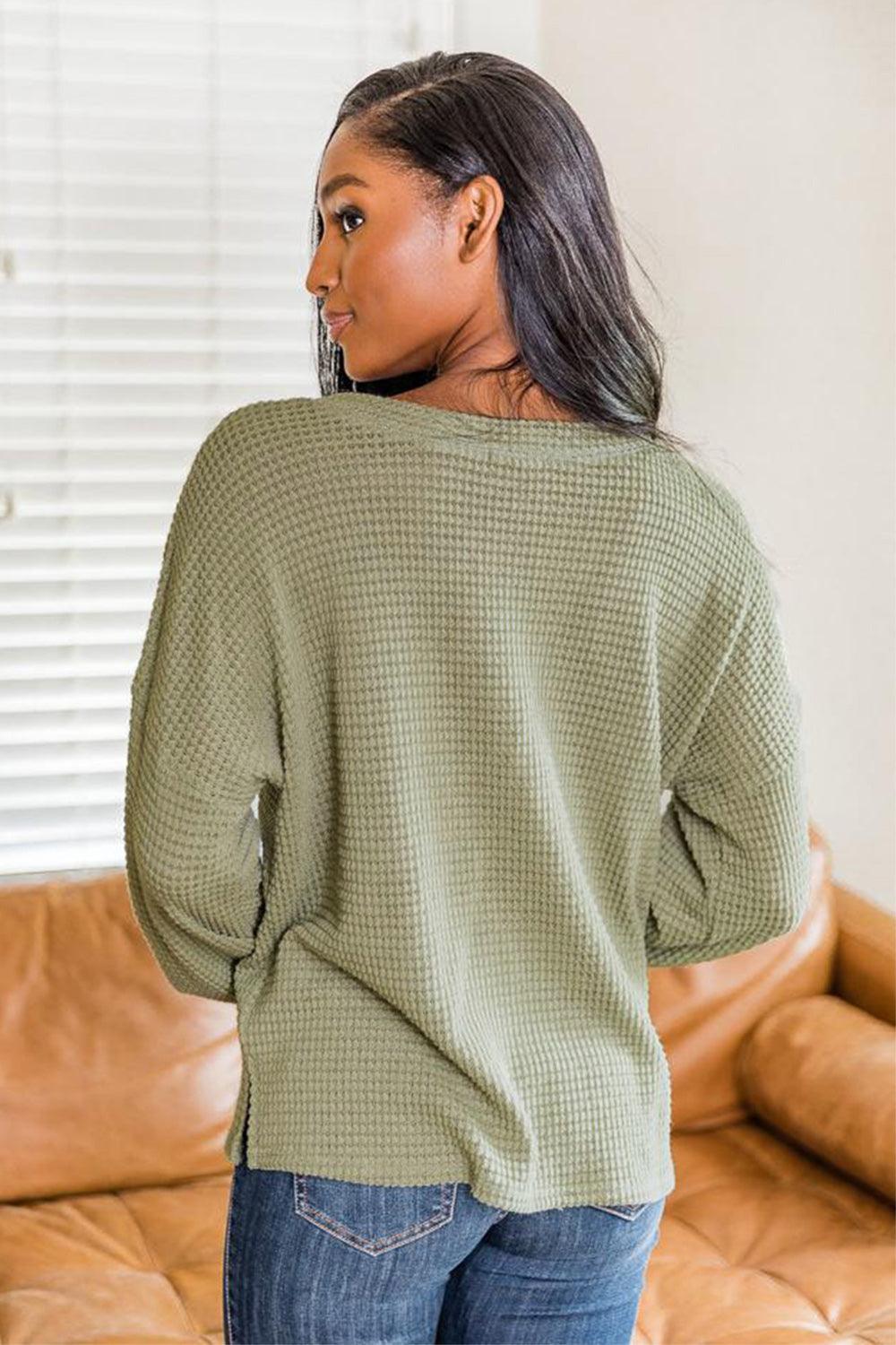 Slit Waffle Knit Long Sleeve T-Shirt - Clothes For Her Online Store