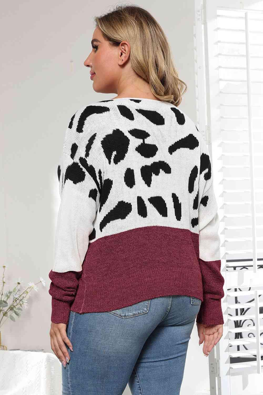 Plus Size Leopard Round Neck Long Sleeve Sweater - Clothes For Her Online Store