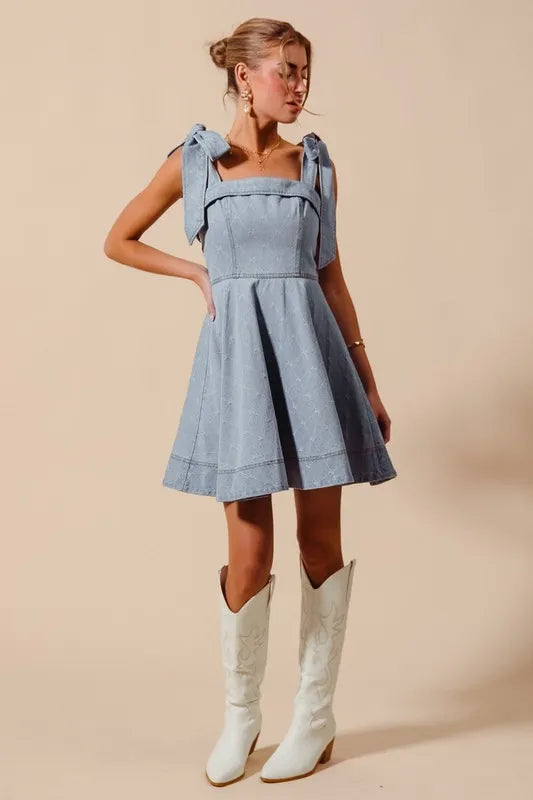 SO ME A Line Fit and Flare Diamond Bow Ribbon Denim Dres