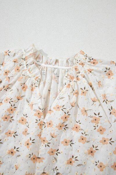 Frill Printed Notched Short Sleeve Blouse - Clothes For Her Online Store