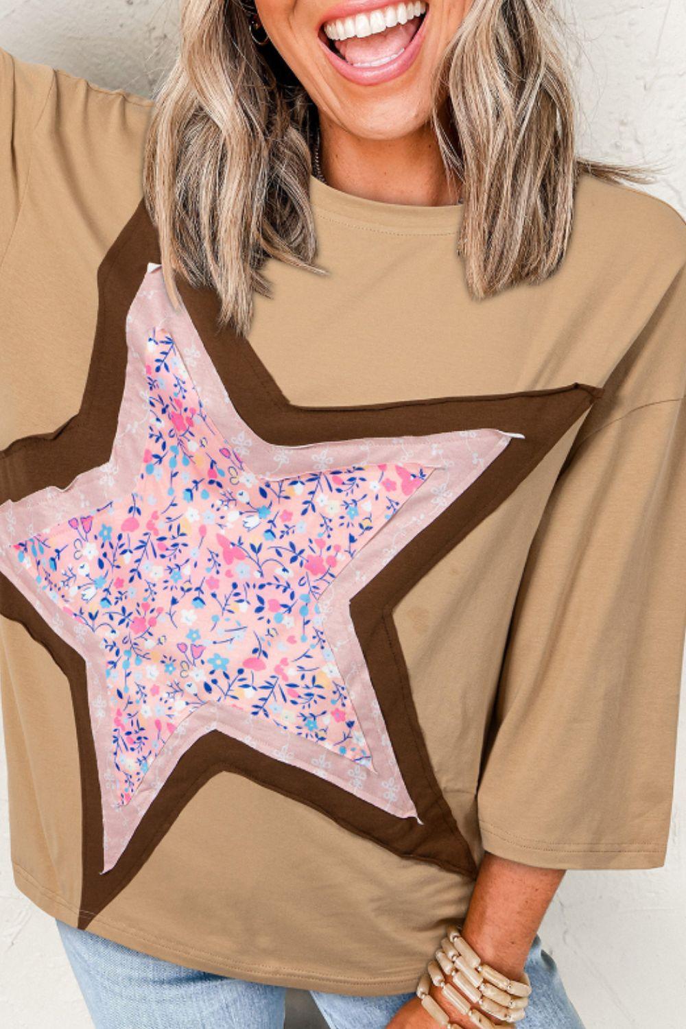 Star Applique Patch Round Neck T-Shirt - Clothes For Her Online Store