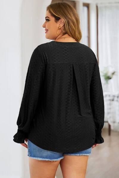 Plus Size Eyelet Notched Flounce Sleeve Blouse - Clothes For Her Online Store