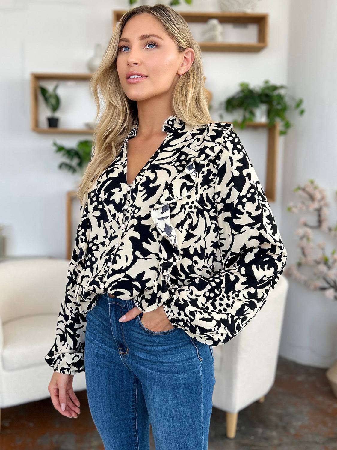 Double Take Full Size Printed Ruffle Trim Balloon Sleeve Shirt - Clothes For Her Online Store