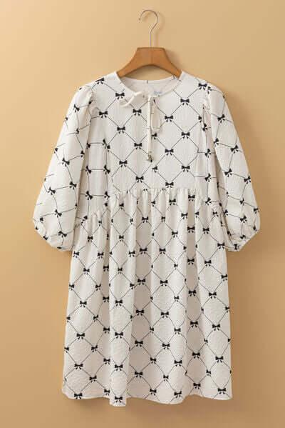 Bow Print Tie Neck Half Sleeve Dress - Clothes For Her Online Store