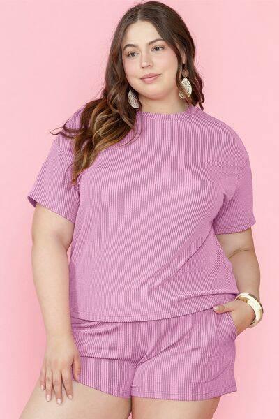 Plus Size Round Neck Short Sleeve Top and Shorts Set - Clothes For Her Online Store