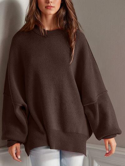 Double Take Side Slit Round Neck Long Sleeve Sweater - Clothes For Her Online Store