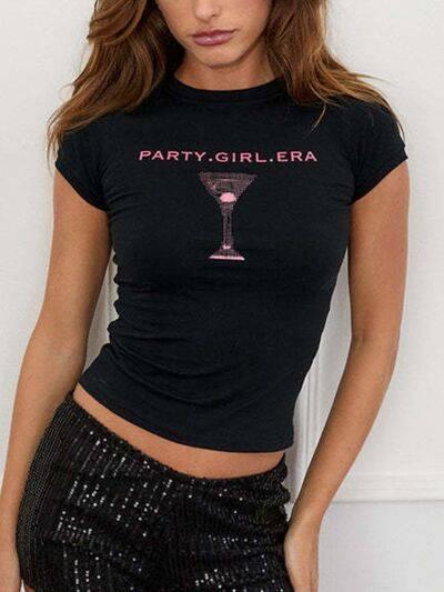 Letter Round Neck Short Sleeve T-Shirt - Clothes For Her Online Store