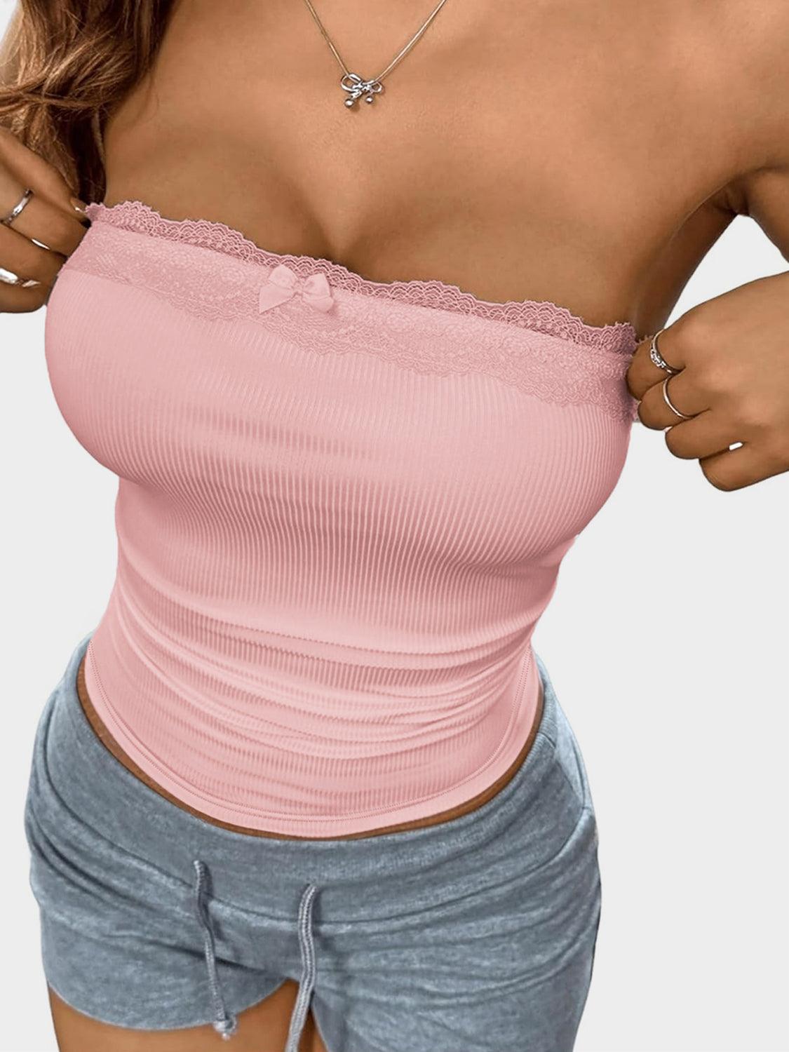 Devine Lace Detail Bow Tube Top - Clothes For Her Online Store