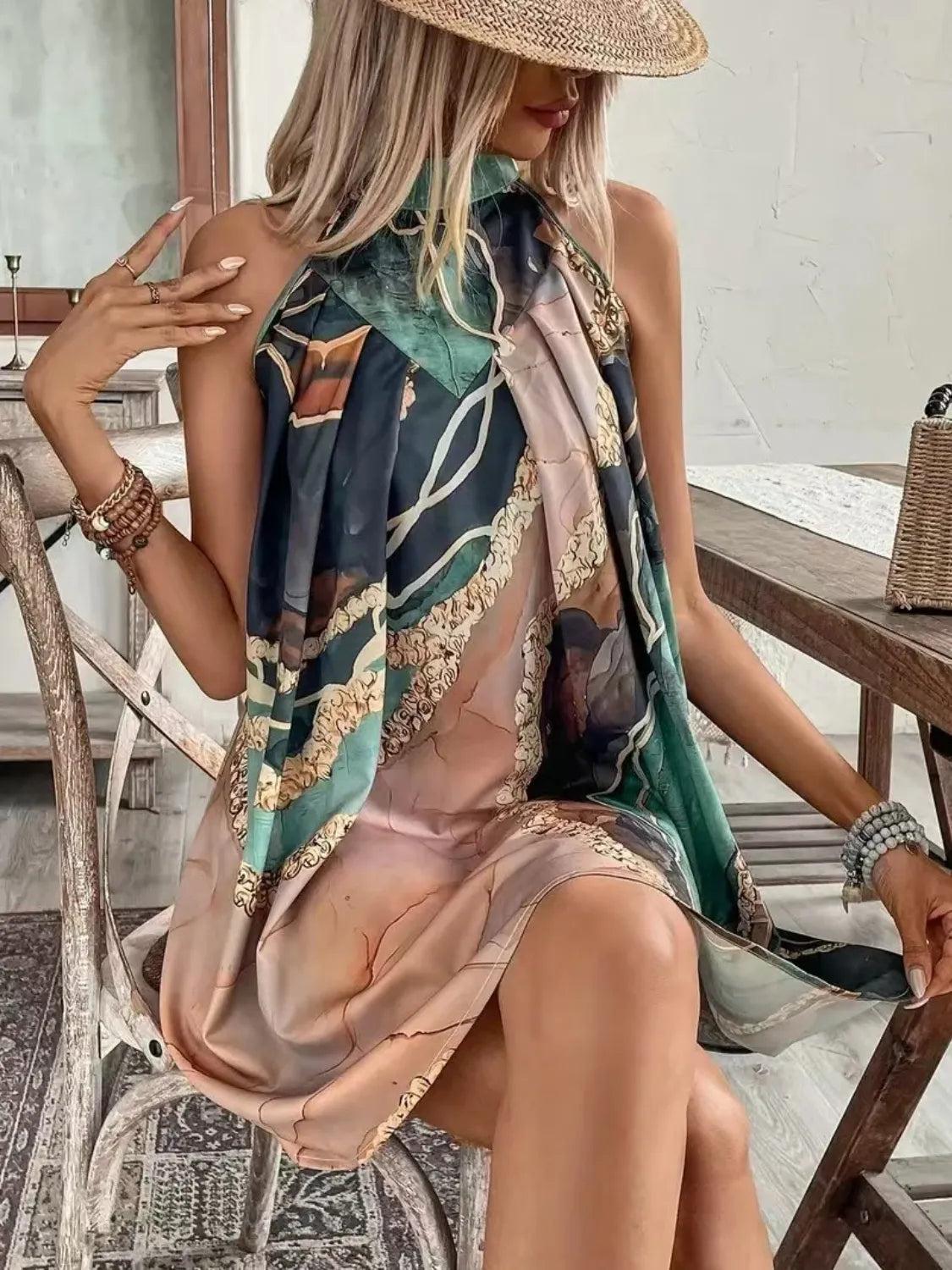 Tied Back Printed Sleeveless Dress