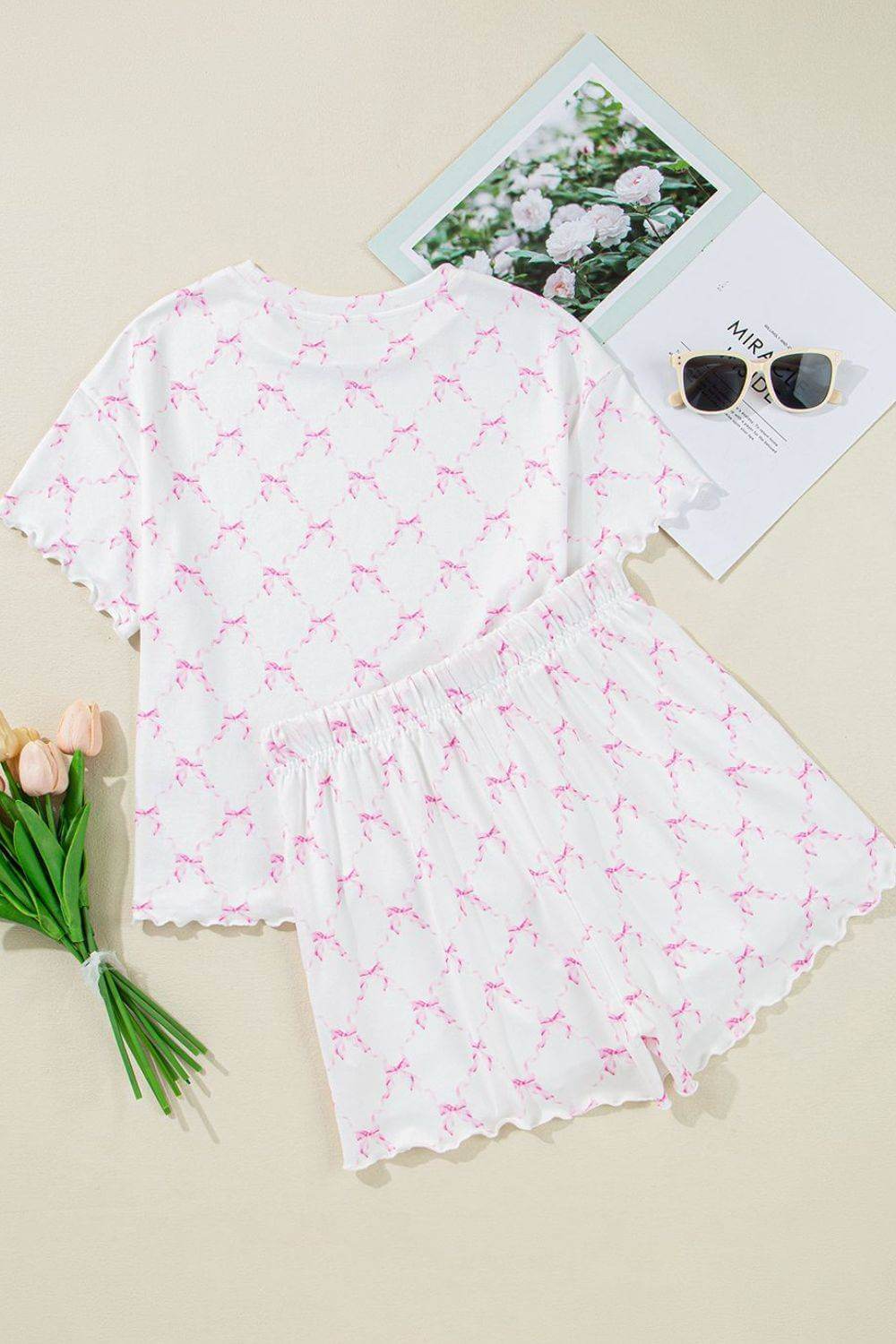Bow Print Lettuce Trim Round Neck Top and Shorts Lounge Set - Clothes For Her Online Store