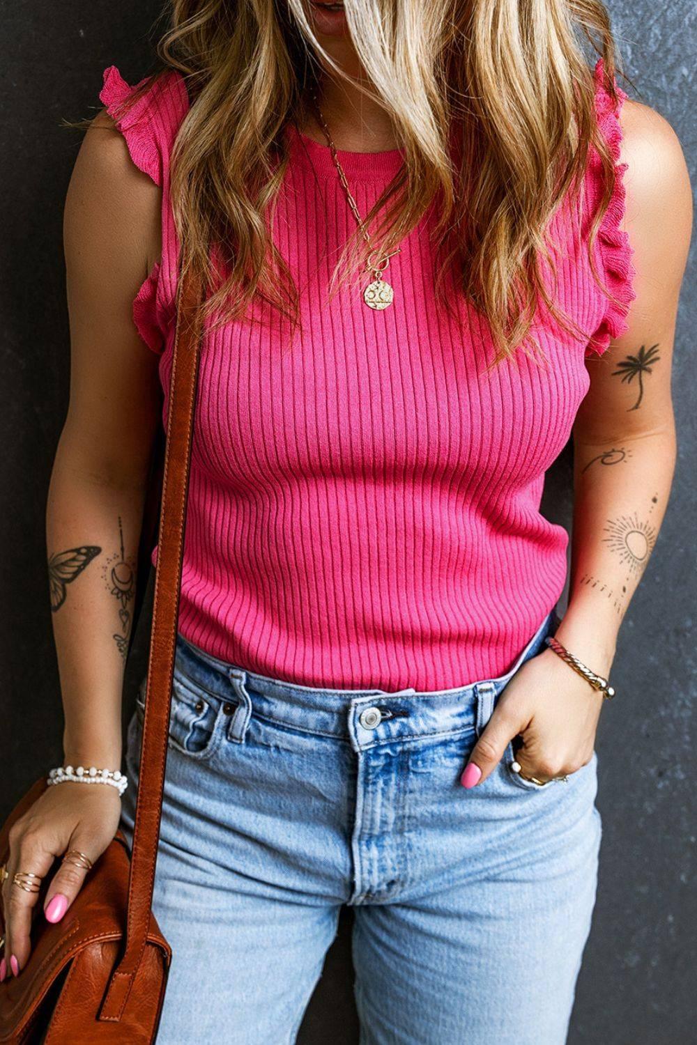 Ribbed Ruffled Round Neck Sweater Tank - Clothes For Her Online Store