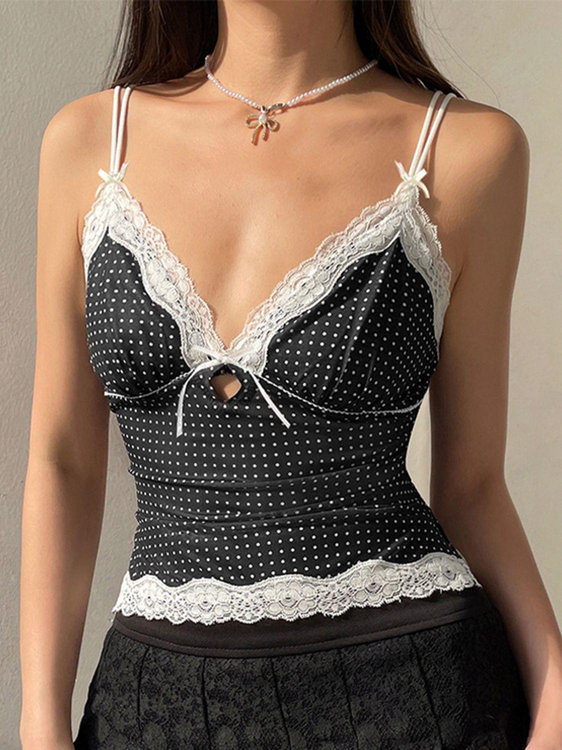 Devine Lace Detail Polka Dot V-Neck Cami - Clothes For Her Online Store