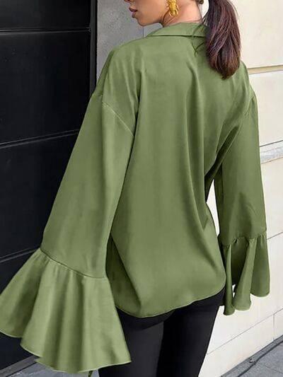 Button Down Flounce Sleeve Shirt - Clothes For Her Online Store