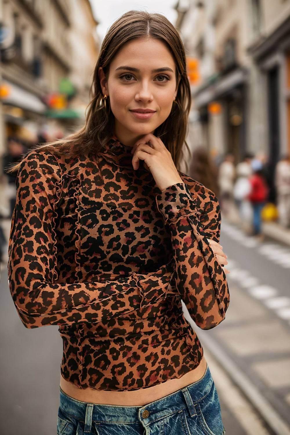 Oh Full Size Frill Printed Mock Neck Long Sleeve Top - Clothes For Her Online Store