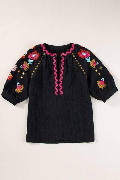 Floral Embroidered Notched Puff Sleeve Blouse - Clothes For Her Online Store