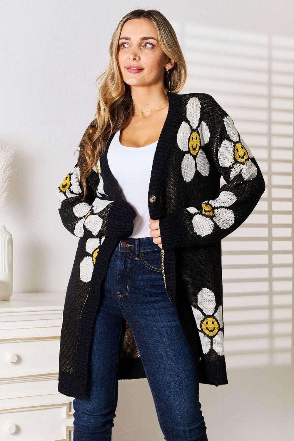 Perfee Floral Button Down Longline Cardigan - Clothes For Her Online Store