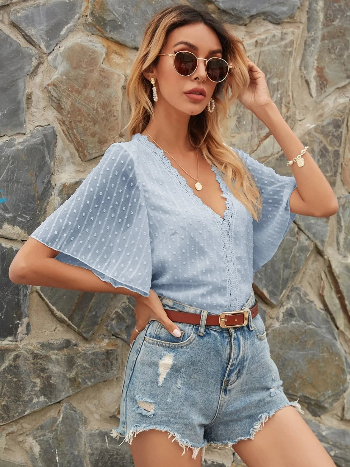 Lace Detail V-Neck Siwss Dot Blouse