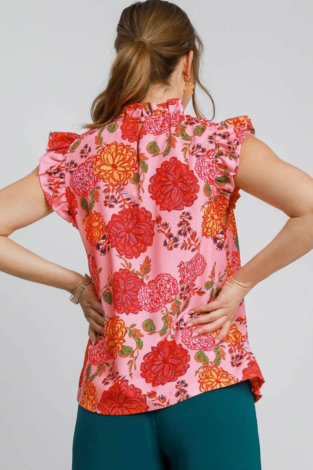 Umgee Full Size Floral Print Ruffled Cap Sleeve Blouse Plus Size - Clothes For Her Online Store