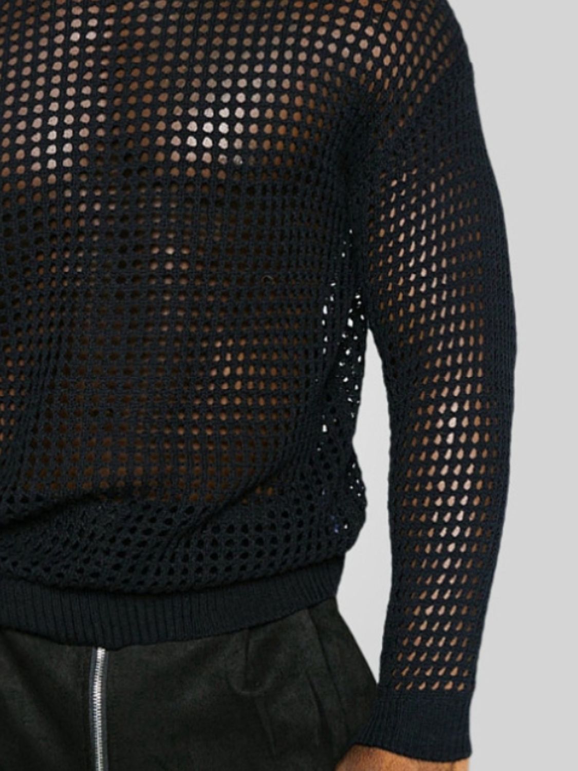 Men's Full Size Hollow Out Round Neck Long Sleeve Top Plus Size - Clothes For Her Online Store