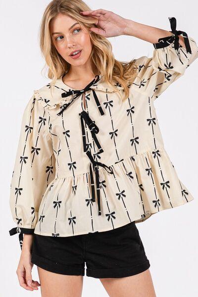 SAGE + FIG Bow Print Tie Front Babydoll Blouse - Clothes For Her Online Store
