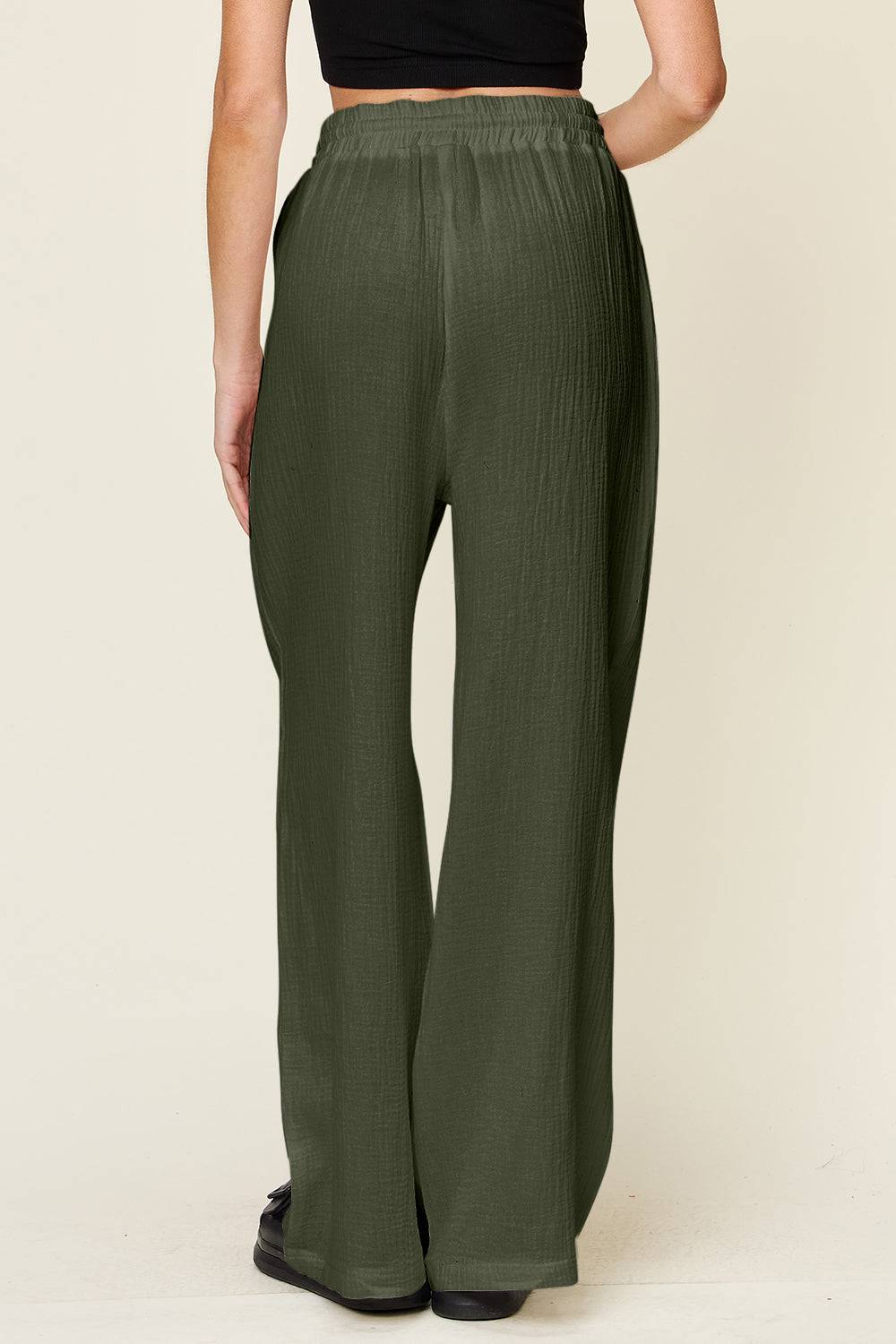 Double Take Full Size Texture Drawstring Wide Leg Pants - Clothes For Her Online Store