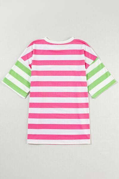 Contrast Striped Round Neck Half Sleeve T-Shirt - Clothes For Her Online Store
