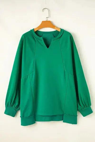 Plus Size Cutout Hem Notched Long Sleeve Sweatshirt - Clothes For Her Online Store