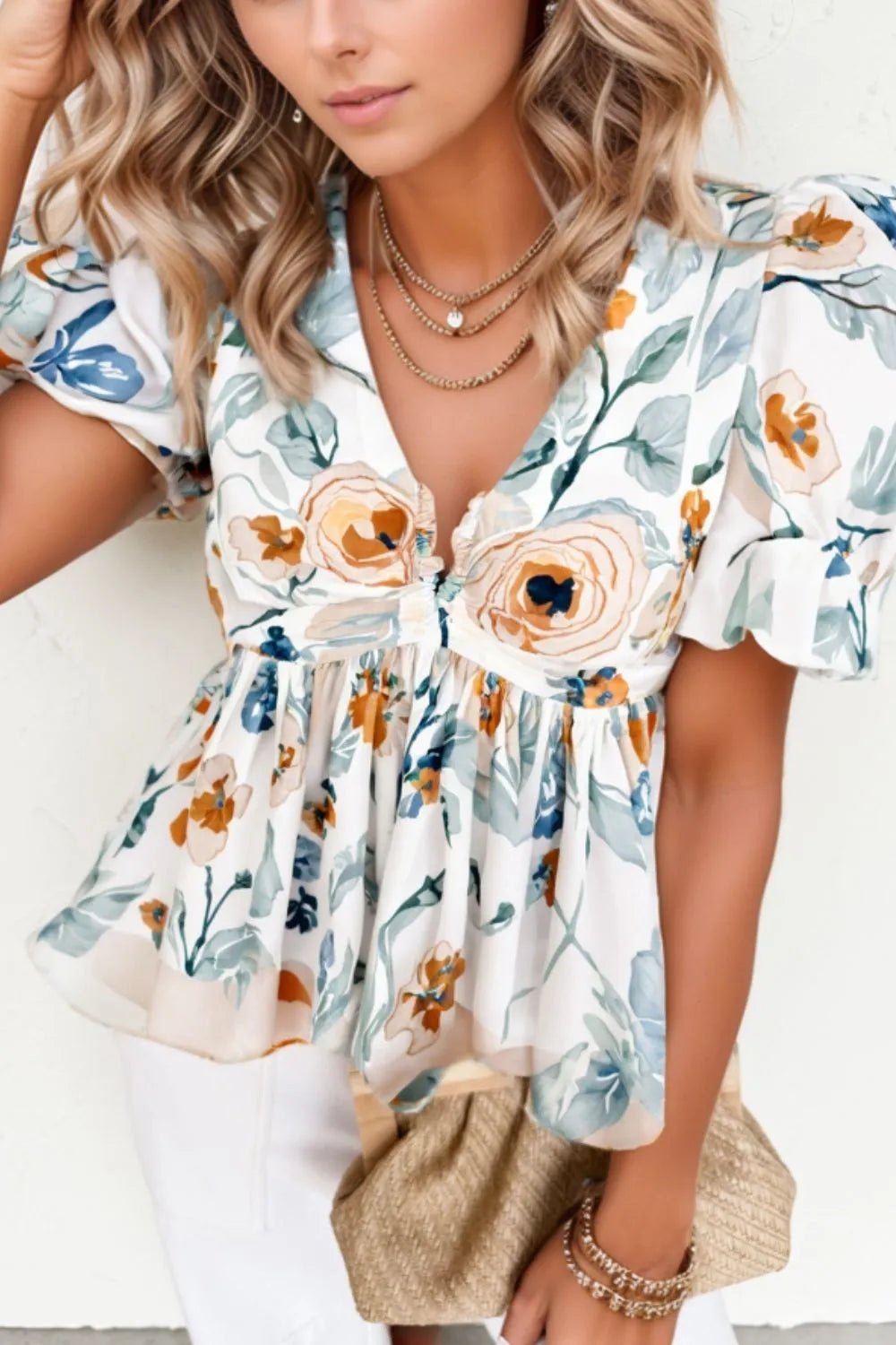 Floral Print Puff Sleeve V Neck Babydoll Blouse