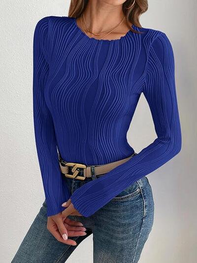 Textured Round Neck Long Sleeve Top - Clothes For Her Online Store