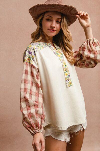 BiBi Floral Notched Plaid Balloon Sleeve Top - Clothes For Her Online Store