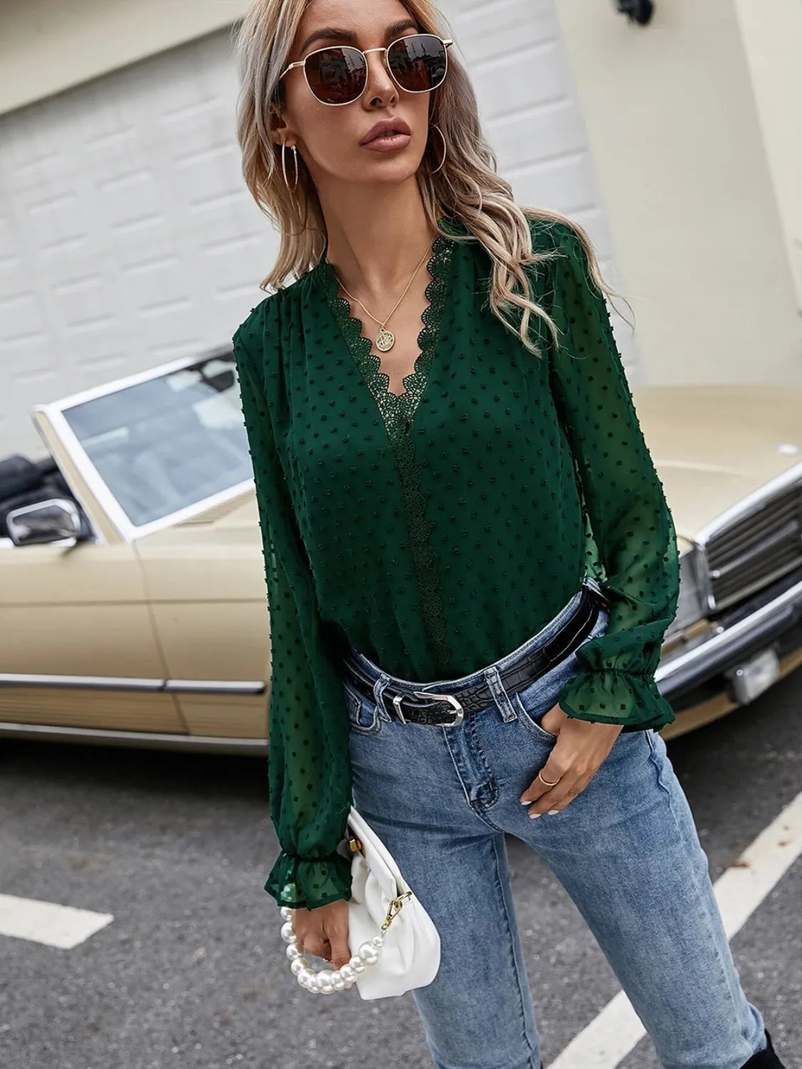 Lace Detail V-Neck Swiss Dot Blouse