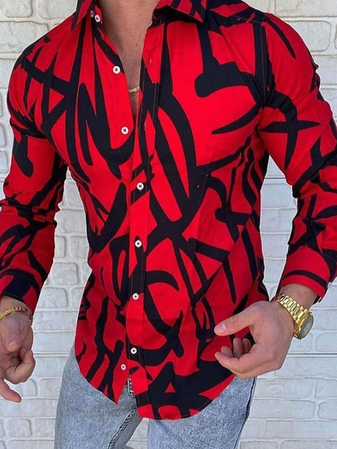 Men's Plus Size Printed Button Up Long Sleeve Shirt