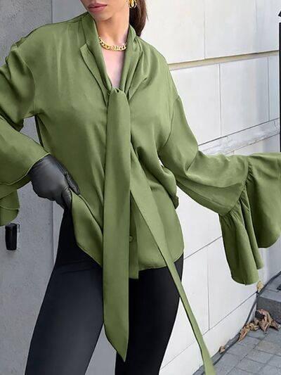 Button Down Flounce Sleeve Shirt - Clothes For Her Online Store