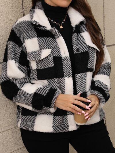 Plus Size Pocketed Plaid Collared Neck Jacket - Clothes For Her Online Store