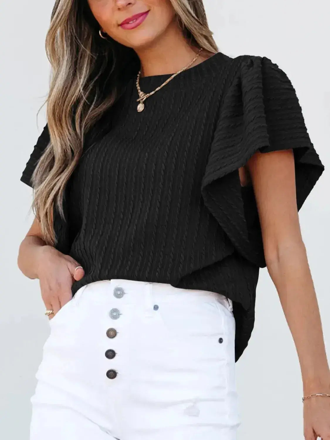 Round Neck Ruffle Sleeve Top - Clothes For Her Online Store