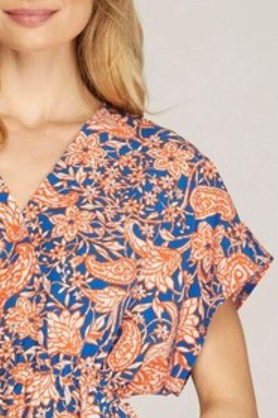 She + Sky Full Size Ruffled Hem Printed Surplice Kimono Sleeve Mini Dress Plus Size - Clothes For Her Online Store