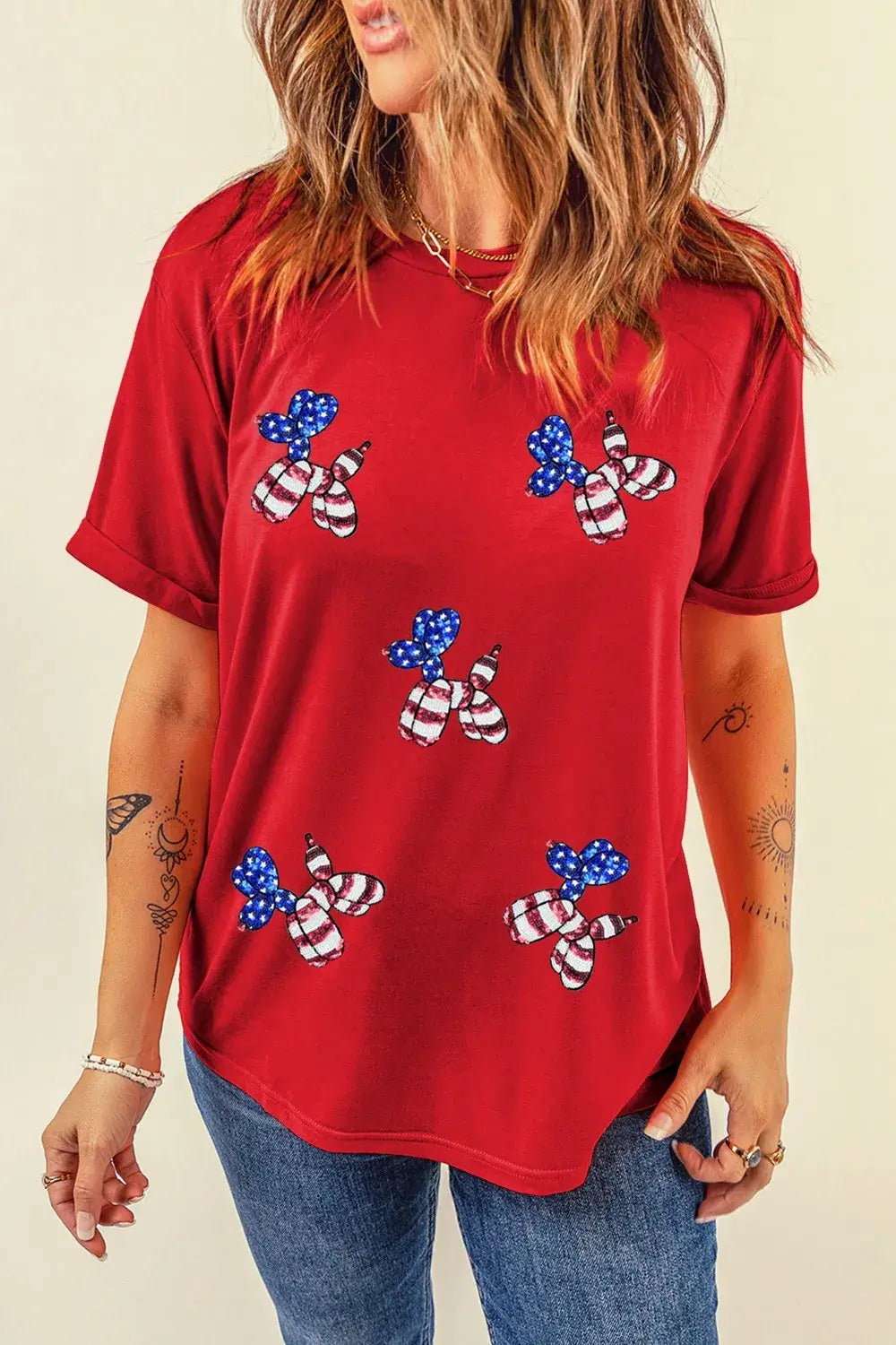 Sequin Stars and Stripes Balloon Puppy Graphic Crewneck Tee