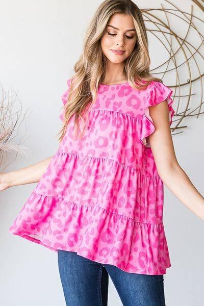 Heimish Full Size Tiered Leopard Round Neck Blouse with Ruffled Detail Plus Size - Clothes For Her Online Store