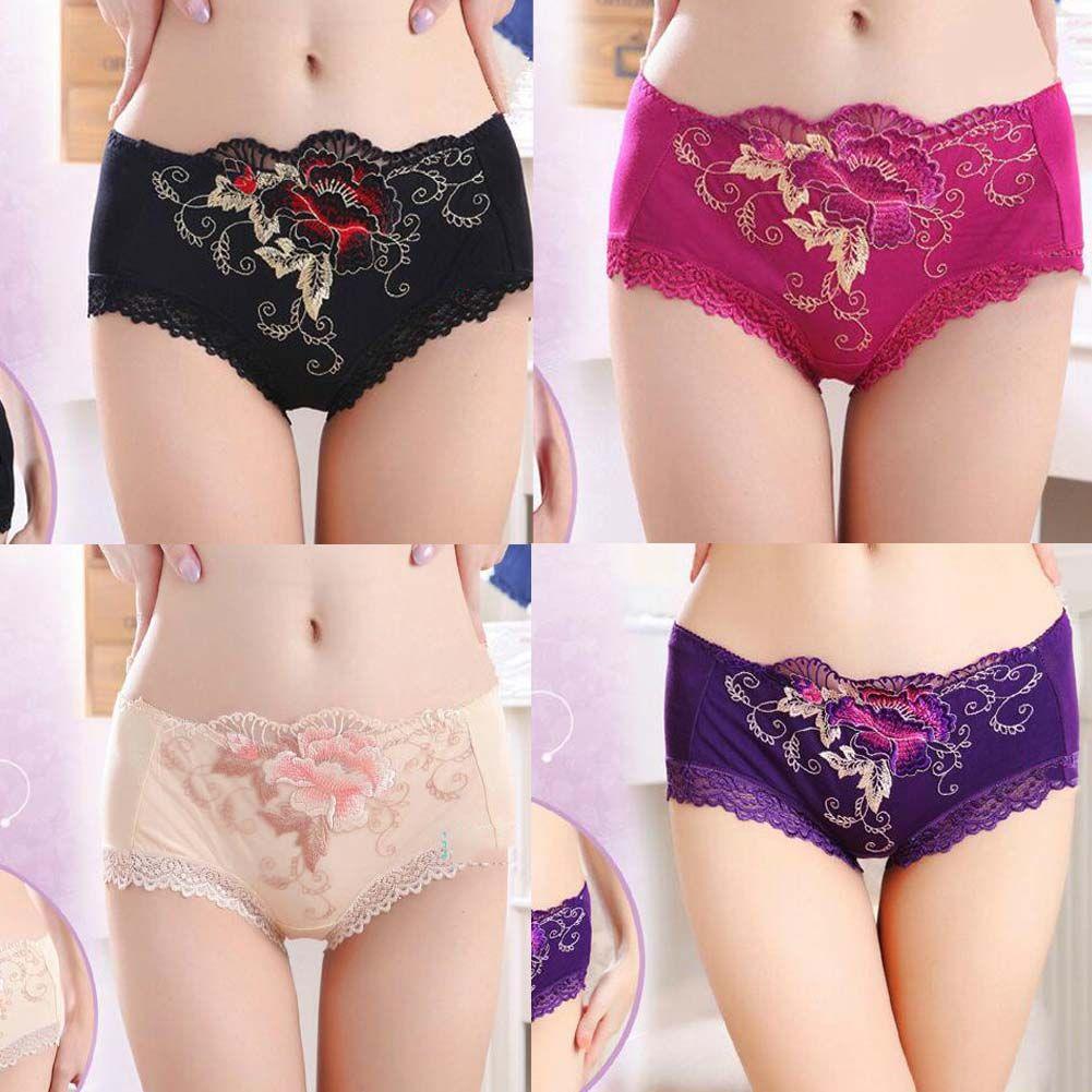 4 Pcs Womens Lace Stretch Sexy Bikini Panties Peony Embroidery Full Briefs Underwear,Beige Black Purple Fuchsia - Clothes For Her Online Store