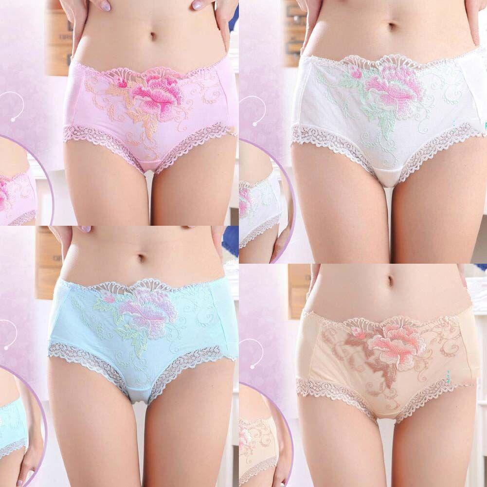 4 Pcs Womens Lace Stretch Sexy Bikini Panties Peony Embroidery Full Briefs Underwear,Beige Blue White Pink - Clothes For Her Online Store