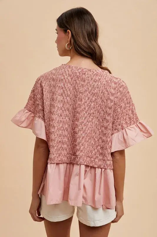Annie Wear Mix Media Ruffle Textured Knit Top