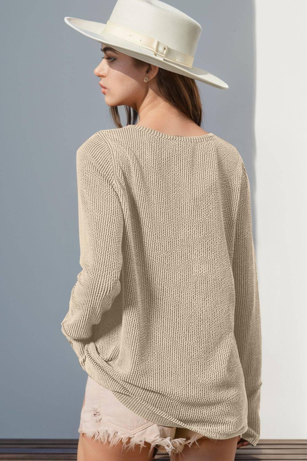 Double Take Full Size Notched Thumbhole Long Sleeve T-Shirt - Clothes For Her Online Store